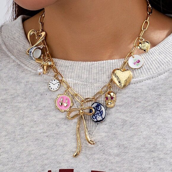 Jewelry - Multicolor Trendy Women's Handpainted Ceramic Bowknot Pendant Necklace